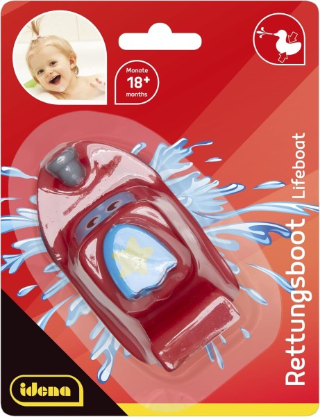Idena - Rettungsboot ein Stück mit Spritzlöchern, schwimmendes Spielzeugboot, Badewannenspielzeug für Kinder ab 18 Monaten, Sortiert in Rot und Blau,