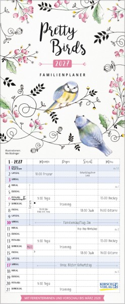 Familienplaner Pretty Birds 2027: Familientimer - 4 große Spalten mit viel Platz. Hochwertiger Familienkalender für Vogelliebhaber und Vorschau bis Mä