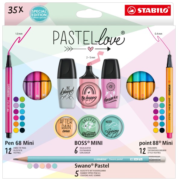 Stifte-Set – STABILO Pastellove Set – 35er Pack – Fineliner, Premium-Filzstifte, Textmarker &amp; Bleistifte