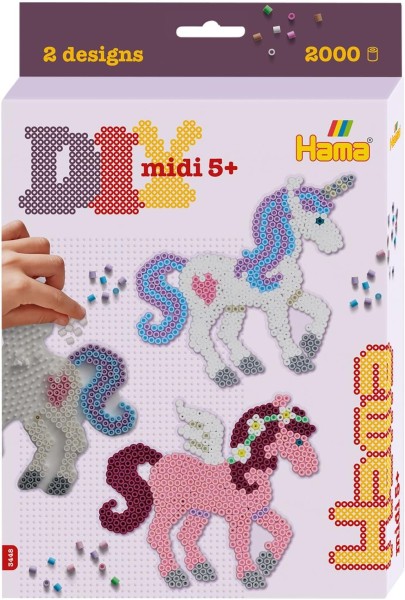 Hama Perlen Kleines Geschenk-Set Zauberhafte Pferde mit ca. 2.000 bunten Midi Bügelperlen mit Durchmesser 5 mm, Stiftplatte inkl. Bügelpapier, kreativ
