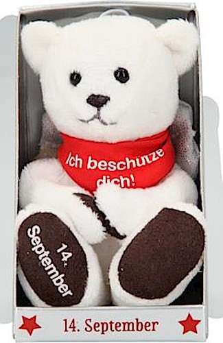Depesche 8139.258 - Schutzengel Bär aus Plüsch, ca. 9 cm, mit Datum 14. September, Geschenk für Geburtstag, Jahrestag oder Hochzeitstag