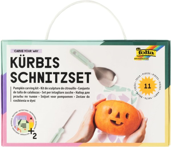 folia - Kürbisschnitzset CARVE YOUR WAY aus Metall, eine Packung mit 4 Werkzeugen zum Schnitzen, Set für Kinder und Erwachsene, inkl. Schablonen und S