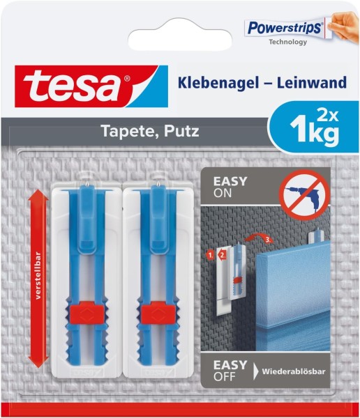 tesa Klebenagel Tapeten & Putz - höhenverstellbar - selbstklebender Nagel - ideal für Leinwand & Keilrahmen - hält bis 1kg/Nagel - spurlos ablösbar