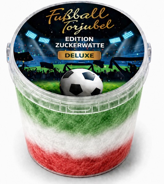 Mexiko Fussball Torjubel Zuckerwatte DELUXE im Eimer – 3 Sorten fruchtiger Geschmack, 50 g – Süßes Geschenk für Party, Stadionfeeling & Geburtstag