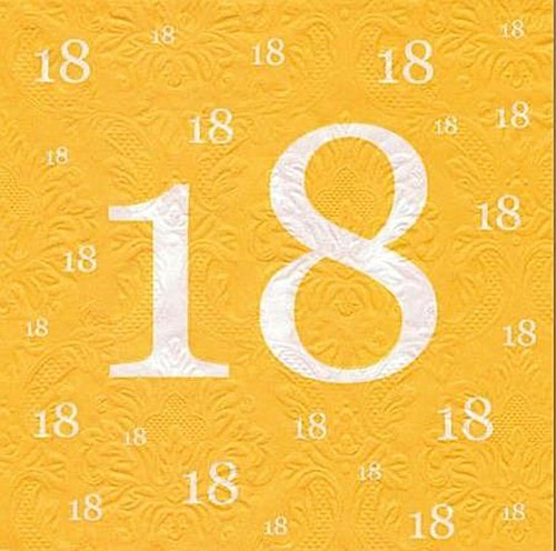 Premium Serviette 30x30 cm, geprägt, 18 Jahre gelb-gold