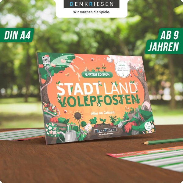DENKRIESEN Familienspiel A4 Spielblock Stadt Land Vollpfosten® – Garten Edition | Ab 9 Jahren | Stadt Land Fluss
