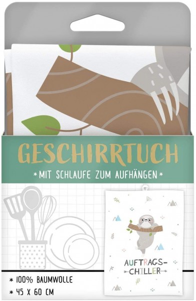 GRUSS &amp; CO 47094 Geschirrtuch Faultier Chiller, Baumwolle, 60 cm x 45 cm, Weiß