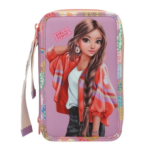 Depesche TOPModel Girl Power - Gefüllte 3-Fach Federtasche in Lila, mit Model Motiv und bunten Batches, Federmappe mit Buntstiften, Schere, Lineal uvm