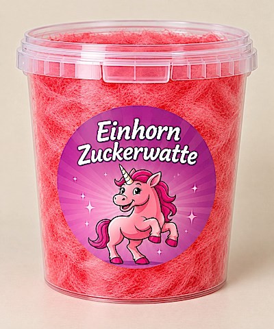 Einhorn Zuckerwatte im Eimer – Rot, Kirsche-Geschmack, 50 g – Süßes Geschenk für Kindergeburtstage & Partys