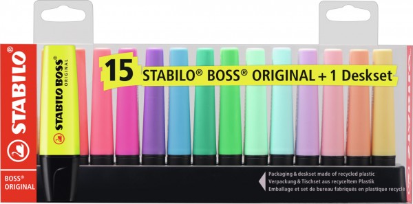 Textmarker - STABILO BOSS ORIGINAL - 15er Tischset - 9 Leuchtfarben, 6 Pastellfarben
