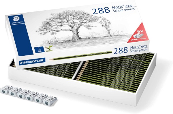 Bleistifte Härtegrad HB STAEDTLER Noris eco (hohe Bruchfestigkeit, rutschfeste Soft-Oberfläche, Wopex-Material,Class-Pack, 6 Metallspitzer gratis, 180