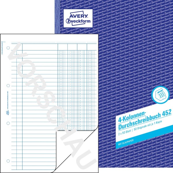 AVERY Zweckform 452 Kolonnen-Durchschreibbuch 4 Kolonnen (A4, mit 1 Blatt Blaupapier, Spaltenbuch, Geschäftsbuch, für Deutschland und Österreich zum E