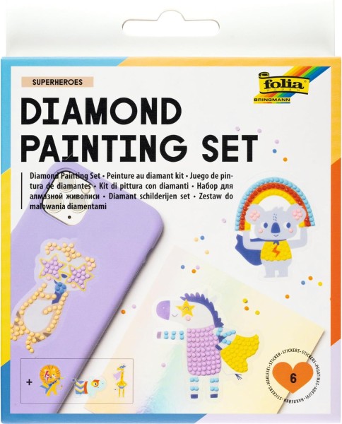 folia Diamond Painting SUPERHEROES, Sticker mit Superhelden-Motiven und Zubehör, Bastelset zum Gestalten von Aufklebern mit Glitzersteinchen-ein Set