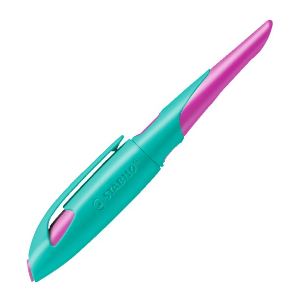 Ergonomischer Schulfüller für Rechtshänder mit Anfänger-Feder A - STABILO EASYbirdy in türkis/neonpink - Einzelstift - inklusive Patrone und Einstellw