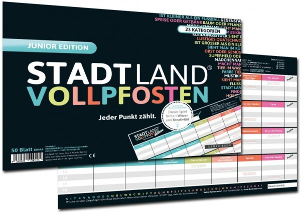 DENKRIESEN - Stadt Land VOLLPFOSTEN® - JUNIOR Edition - Für Kinder und Jugendliche | Spielblock Geburtstagsgeschenk | Familienspiel | Stadt Land Fluss