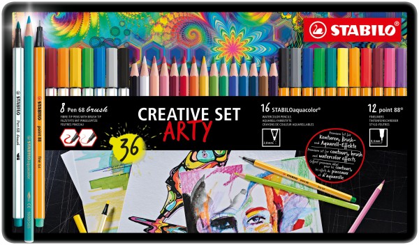 Fineliner, Premium-Filzstift Mit Pinselspitze Und Aquarell-Buntstift - Stabilo Point 88, Pen 68 Brush Und Aquacolor - Arty - 36Er Metalletui - 12X Poi