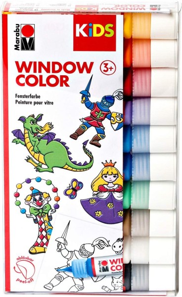 Marabu Kids Window Color Set mit 10 x 25 ml Farbe und Malvorlage A4 mit 18 Motiven, Fenstermalfarbe auf Wasserbasis, geeignet für Glas, Spiegel, Flies