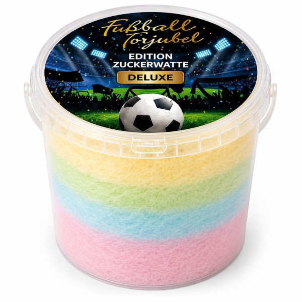 Fussball Torjubel Zuckerwatte DELUXE im Eimer – Frühlingsedition bunt mit Mix-Geschmack, 50 g – Süßes Geschenk für Party, Stadionfeeling & Geburtstag