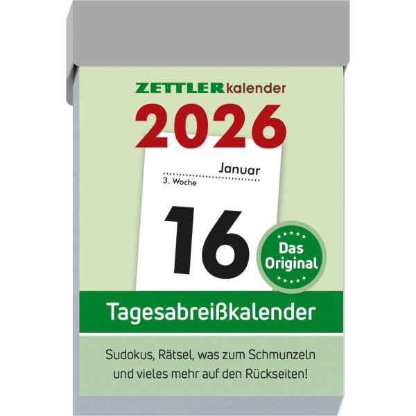 Zettler Tagesabreißkalender S 2026 – Abreißkalender 4 × 6 cm, 1 Tag pro Seite mit Sudoku, Rezepten, Rätseln &amp; Tipps auf den Rückseiten, FSC-zertifizie