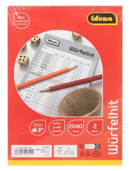 Idena - Würfelhit, 2 Spielblöcke mit je 85 Blatt für 1020 Spiele, Spielblock mit großer Schrift, Würfelspiel in der Größe ca. 15 x 21 cm, Weiß