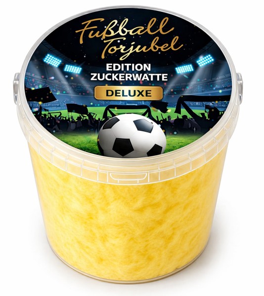 Fussball Torjubel Zuckerwatte DELUXE im Eimer – gelb mit Banane-Geschmack, 50 g – Süßes Geschenk für Party, Stadionfeeling & Geburtstag