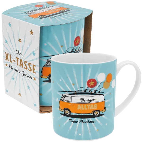 Kaffeetasse Teetasse XL- Motiv BUS ""Weniger Alltag, mehr Abenteuer"" Porzellantasse, 60 cl, in Geschenkverpackung
