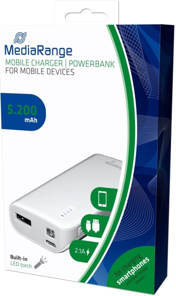 MediaRange MR751 Mobiles Ladegerät | (Powerbank 5.200 mAh mit integrierter Taschenlampe), weiß-grau