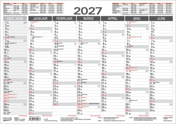 Tafelkalender A3 \"Stabil\" 2027: 14 Monate auf Vorder- und Rückseite I Dicker Karton I Ferientermine und Feiertage