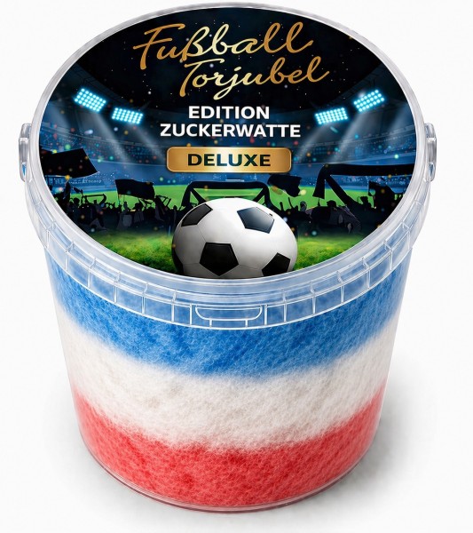 Paraguay Fussball Torjubel Zuckerwatte DELUXE im Eimer – 3 Sorten fruchtiger Geschmack, 50 g – Süßes Geschenk für Party, Stadionfeeling & Geburtstag