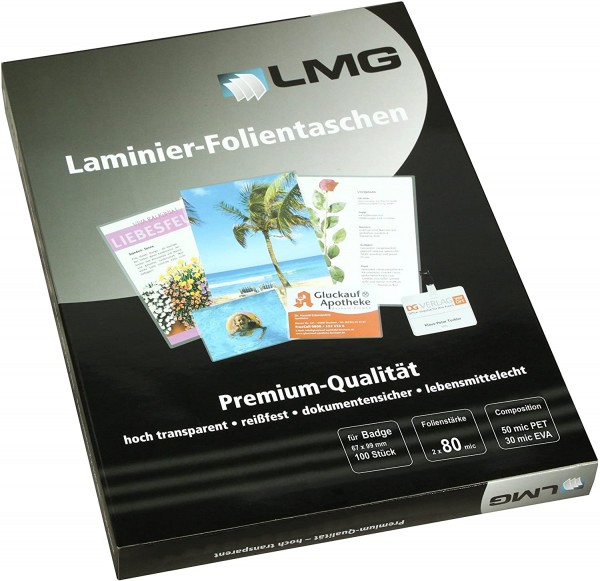 LMG LMGBA-80 Laminierfolien Badge, 67 x 99 mm, 2 x 80 mic, 100 Stück