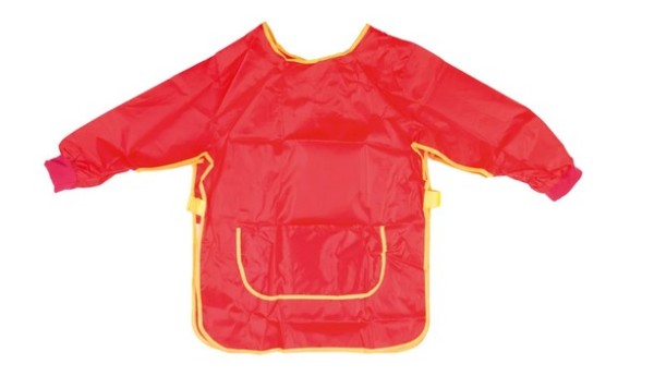 Idena - Bastelschürze für Kinder, Größe M von 7-8 Jahren, Malkittel mit in Rot langen Ärmeln, wasserabweisend, Kinderschürze mit Gummibund und Klettve